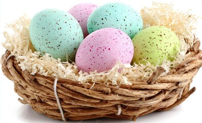 Pastel-colored speckled eggs in a rustic nest