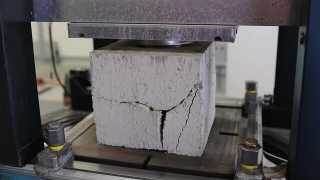 Concrete compression test block cracking under hydraulic press industrial laboratory, material strength analysis during civil engineering experiment, structural durability failure inspection, construc