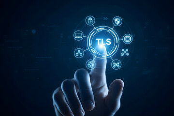 Finger touching glowing tls icon surrounded by digital business and technology symbols