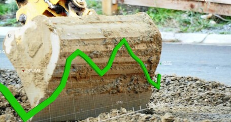 Scooping yellow excavator bucket lifting loose gravel along roadside, with green line graph overlay
