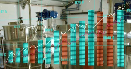 Showing translucent data visualization overlaying plant with stainless tanks,pipes,valves and motor