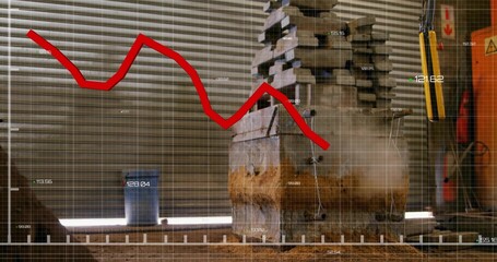 Operating forging press compressing heated billet on anvil in workshop, with red line overlay