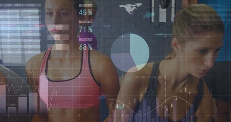 Running partners on treadmills wearing pink sports bra and grey top at gym, with digital overlay
