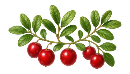 Cranberry vine section with small, glossy red berries and thin stems