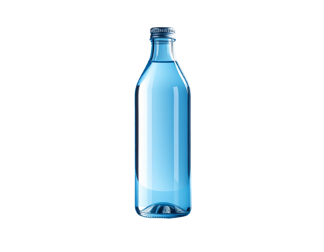 Clear Glass Water Bottle Upright on Bright Blue Background, isolated