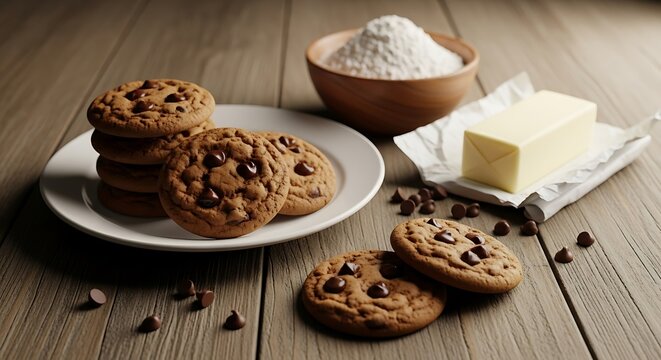 Decadent chocolate chip cookies with fresh ingredients for baking delight