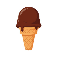Chocolate ice cream in a waffle cone on a white background, a sweet and refreshing summer dessert
