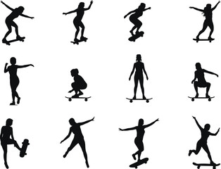 Female skateboarder silhouette collection, girl skateboarding poses, active lifestyle icons, flat vector illustration, sports action symbols, black isolated design