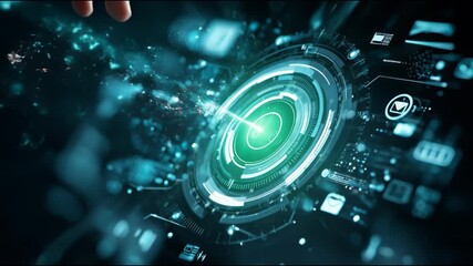 Close up of businessman touching digital holographic screen activating futuristic head-up display - Powered by Adobe