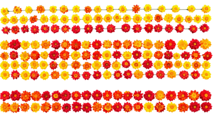 Floral Garlands: Overhead shot of intricately arranged orange and yellow flower garlands strung together, adding a touch of festive elegance and vibrant colors to any occasion.