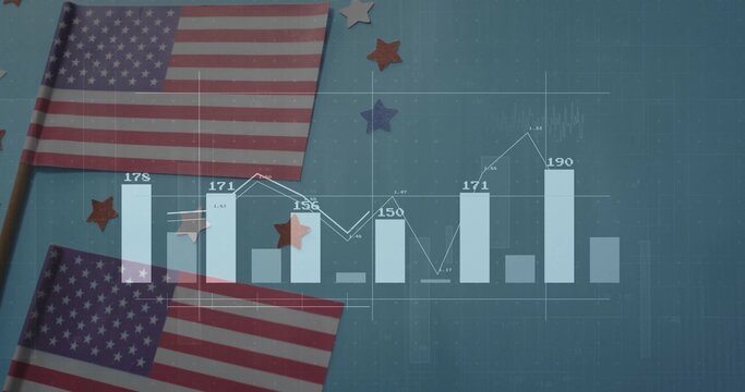 Displaying flat lay on grid surface, featuring American flags, star cutouts, bar graph overlay - Powered by Adobe