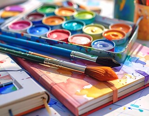 colorful watercolor paints brushes art supplies creative hobby