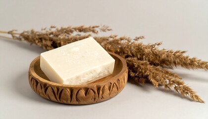 White bar of soap resting in a carved wooden dish, alongside dried pampas grass.