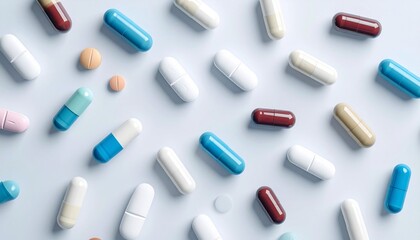 An assortment of colorful pharmaceutical pills and capsules scattered randomly on a clean white surface, representing medicine and healthcare.
