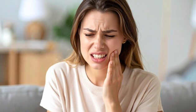 A young woman suffering from a severe toothache, grimacing in pain while holding her sore jaw.