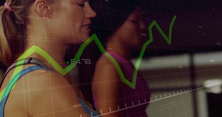 Jogging woman exercising on treadmill at gym, with console rail and green chart overlay, copy space