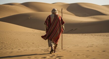 Aged man walks alone across vast desert sand dunes, carrying a wooden staff. Biblical times and journey concept.