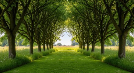 Obraz premium Lush Green Tree Tunnel in a Peaceful Meadow