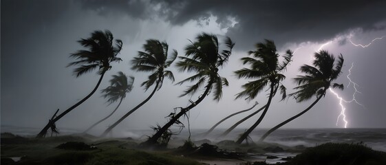 Storm Hits Coast, Palm Trees Bent, Lightning Splits Sky