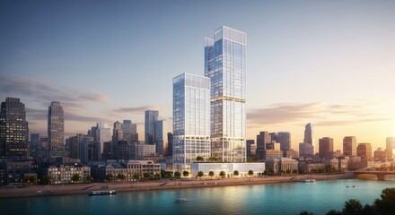 Fototapeta premium Modern Skyscrapers along Riverfront at Sunset - Urban Architecture