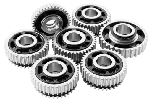 Six high-precision industrial gears, polished aerospace-grade aluminum & matte black carbon fiber details, on a seamless transparent background, technological innovation concept