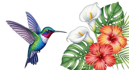 Hummingbird and Tropical Flowers Watercolor Illustration