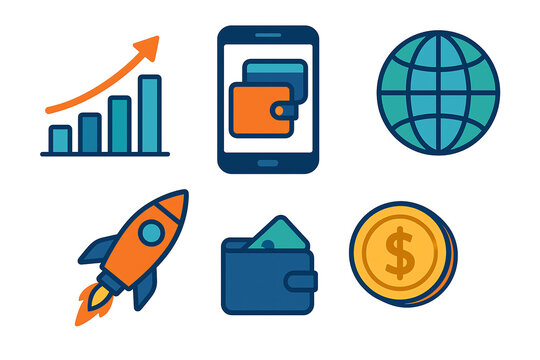 A collection of modern flat design icons for business, finance, and technology concepts, including digital wallets, startups, and global growth