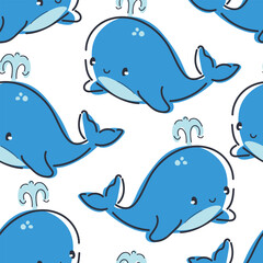 Blue Whale Pattern Sea Animal Seamless Vector Hand Drawn