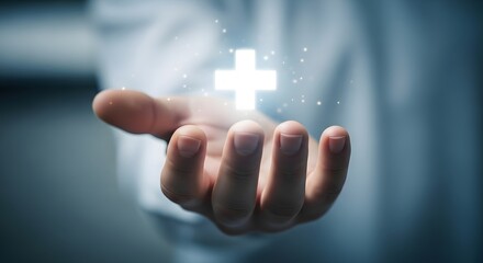 Hand holding a glowing white cross symbol with sparkles and light effects