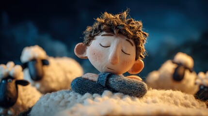 Adorable plush toy boy sleeping peacefully with closed eyes and a content smile surrounded by fluffy sheep in a cozy nighttime scene