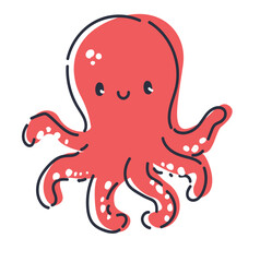 Cute Red Octopus Cartoon Sea Animal Vector Hand Drawn