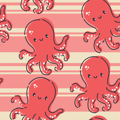 Cute Octopus Pattern Doodle Seamless Sea Animal Vector Hand Drawn