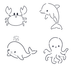 Cute Marine Animals Set Octopus Dolphin Whale Vector Hand Drawn