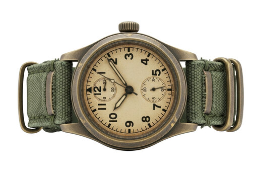 Ultra-detailed macro shot of a patinated bronze vintage field watch with worn forest-green canvas strap, aged cream dial, on transparent. Concept of rugged utility and timeless design