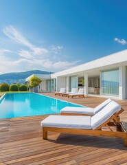 Fototapeta premium A luxurious, modern villa boasts a pristine pool and sun deck area on a bright, sunny day.