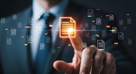 Businessman s finger interacting with digital document icon and data streams