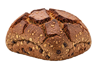 Fototapeta premium A dense, dark brown pumpernickel loaf with a craggy surface and embedded grains, isolated against a transparent background with copy space, concept of hearty sustenance and authenticity