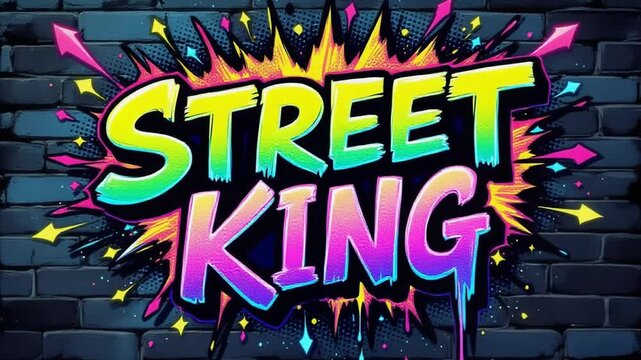 Dynamic 'Street King' graffiti explodes with vibrant neon colors and explosive energy against a gritty brick wall, perfect for urban promotions and energetic branding.