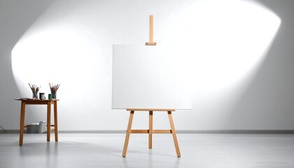 Empty canvas on a wooden easel in a minimalist artist's studio, symbolizing creativity, inspiration, and a blank slate for new ideas