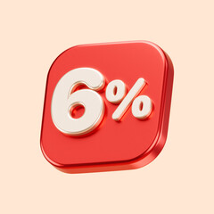 Red 6% or 6 percent sale or discount isolated on solid background. 3D rendering