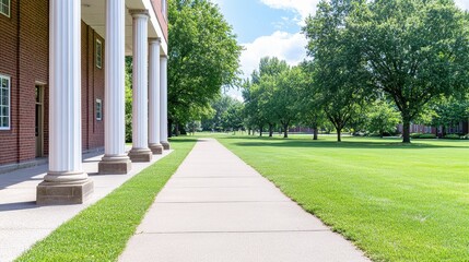 Naklejka premium University walkway with colonnade and lush green surroundings