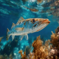 Fototapeta premium Underwater Scene with a Fish Swimming Near Coral Reef