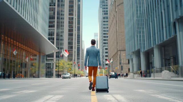 Man walking with suitcase city street urban business district showing tech layoffs impact business and building environment