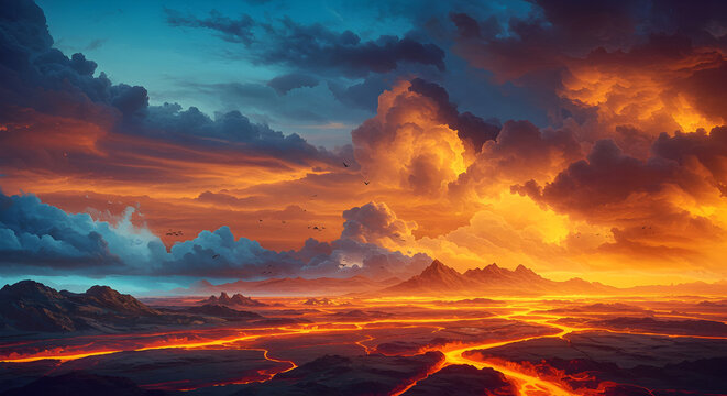 An otherworldly landscape featuring rivers of molten lava winding through a desolate terrain under a sky ablaze with fiery clouds, depicting nature's powerful spectacle. - Powered by Adobe