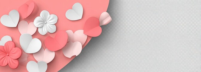 Pink and white paper hearts and flowers arranged on a pale pink backdrop