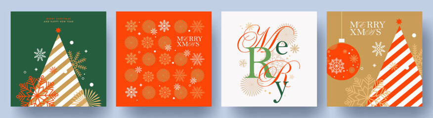 Obraz na płótnie Canvas Merry Christmas and Happy New Year Set of greeting cards, posters, holiday covers. Xmas Design with beautiful snowflakes in modern line art style, Christmas tree and typography design. Christmas decor