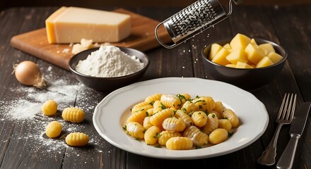Artisanal gnocchi composition with ingredients on a rustic wooden table
