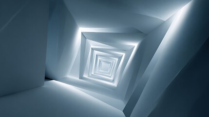 An abstract perspective of a white square tunnel with glowing light, creating a sense of depth and mystery, perfect for modern design projects
