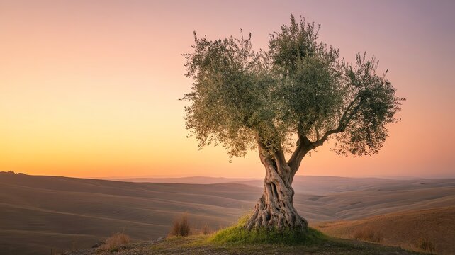 Olive tree on hill at sunset