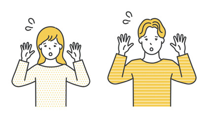 両手を上げて驚く男女イラスト素材